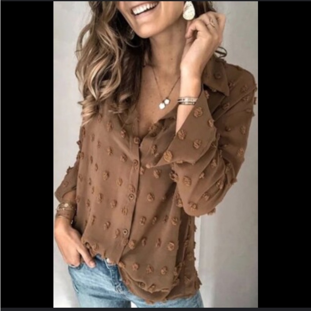 Elegant Brown Button Down Shirt for Women oversized Med